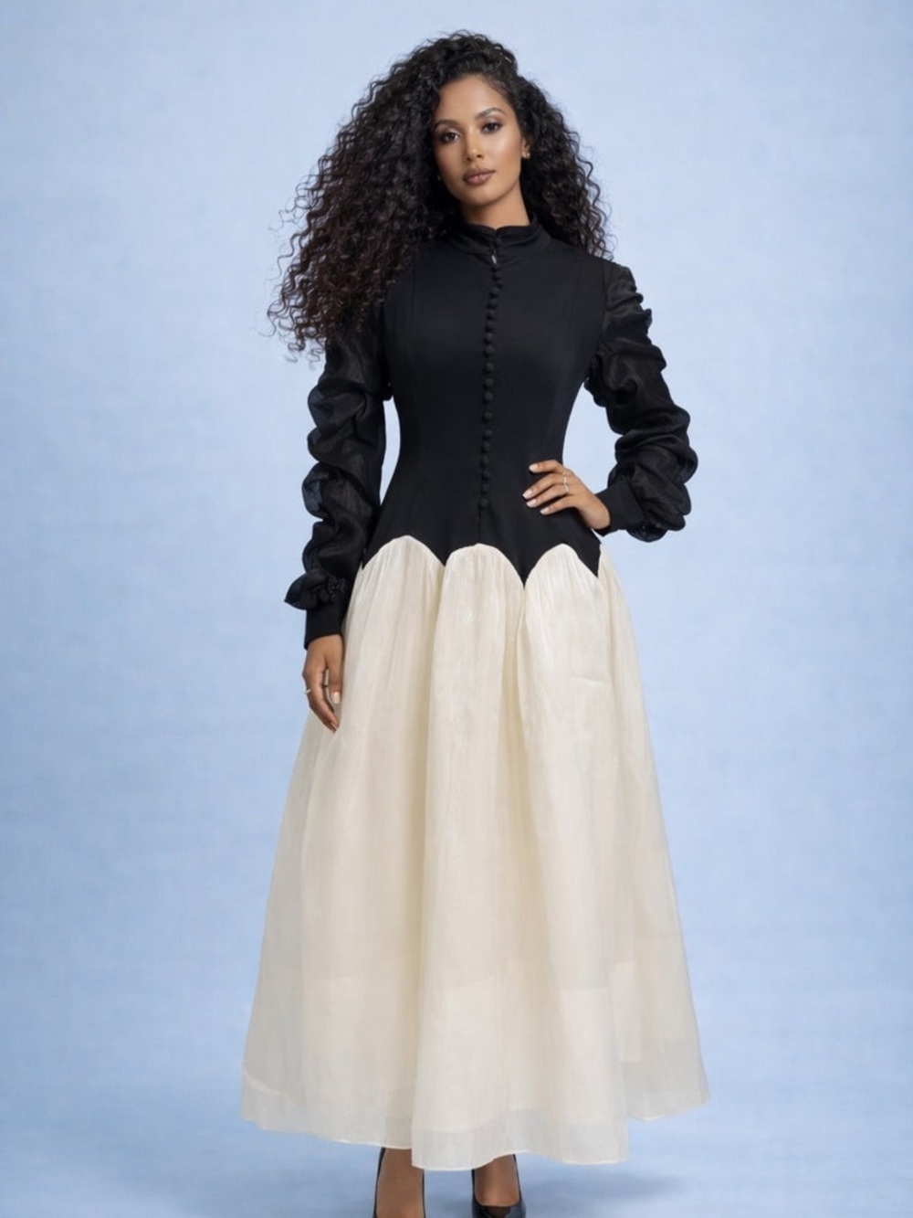 Black and Cream Long-Sleeve Two-Tone Maxi Dress